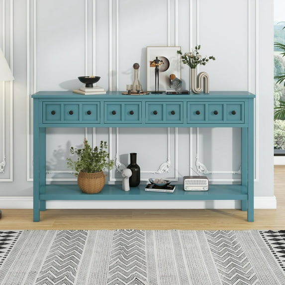 Rustic Entryway Console Table with 4 Drawers and Bottom Storage Shelf, Long, Narrow, Elegant Design Hallway Table with Wide Desktop, Solid Wood Sofa Table with Knobs & Square Legs, Turquoise Green