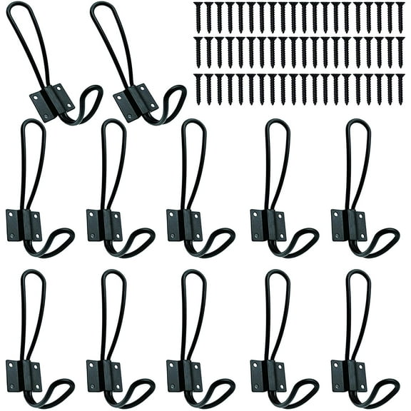 Rustic Entryway Hooks-12 Pack Farmhouse Hooks with Metal Screws Included, Black Decorative Wall Mounted Rustic Coat Hooks Rack, Double Vintage Organizer Hanging Wire Hook Clothes Hanger