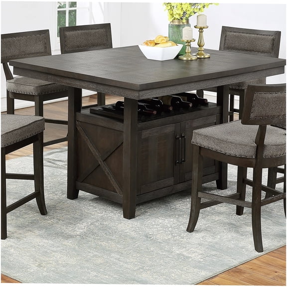 Rustic Espresso Counter Height Dining Table with Butterfly Leaf, Solid Rubber Wood Kitchen Table with Storage Cabinet