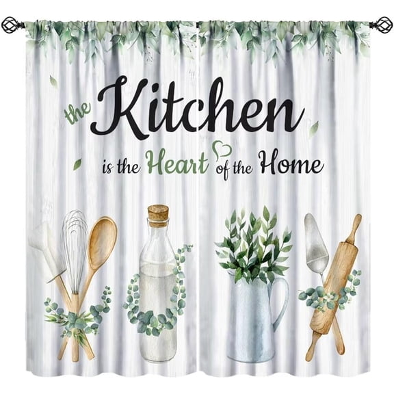 Rustic Eucalyptus Kitchen Curtains, Watercolor Kitchen Utensils Leaf Plants Farmhouse Country Botanical Wooden Board Rod Pocket Window Treatments for Cafe Living Room 55x39in