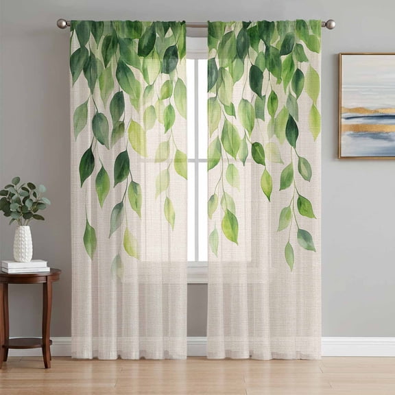Rustic Eucalyptus Leaf Sheer Curtains 72 Inch Length 2 Panels Set, Retro Botanical Plants Vines Voile Window Treatment Rod Pocket Curtains Sheers Drapes for Bedroom/Living Room/Kitchen 52"x72"x2