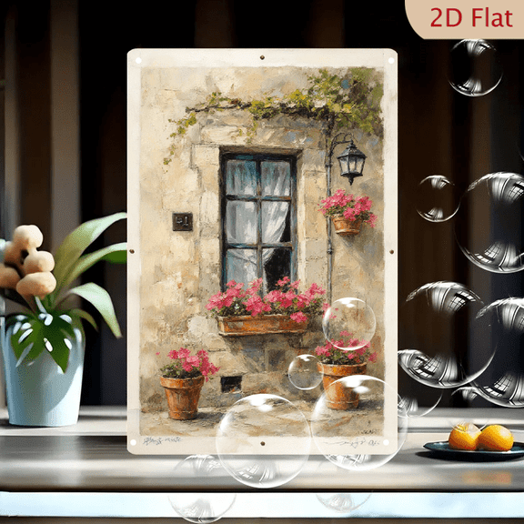 Rustic European Building Facade Wall Art 8x12 Metal Print, Vintage Stone Window with Pink Geraniums & Lantern, Impressionist Street Scene Decor