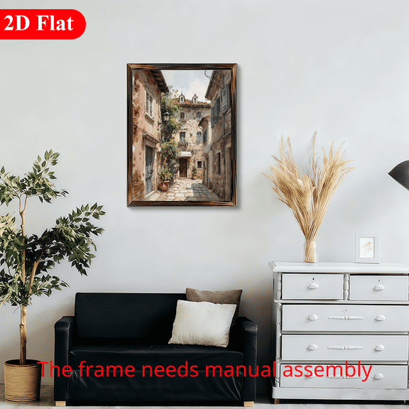 Rustic European Street Scene 12x16 Inch Framed Wood Wall Art, Vintage Townhouse Architecture Painting on Wooden Panel 1pc for Living Room Home Decor