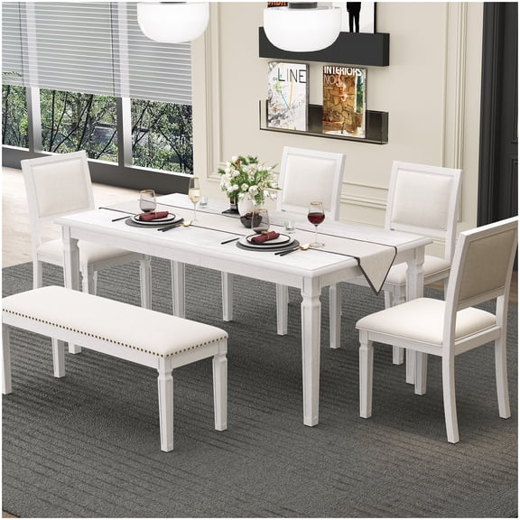 Rustic Extendable Dining Table and Chairs Set for 6, Washed White Farmhouse Style with Bench and Carved Legs
