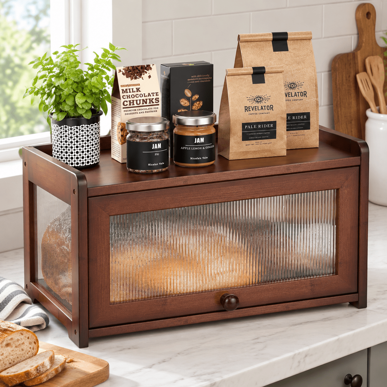 Rustic Extra Large Farmhouse Bread Box with 4-Sided Clear Panels for ...