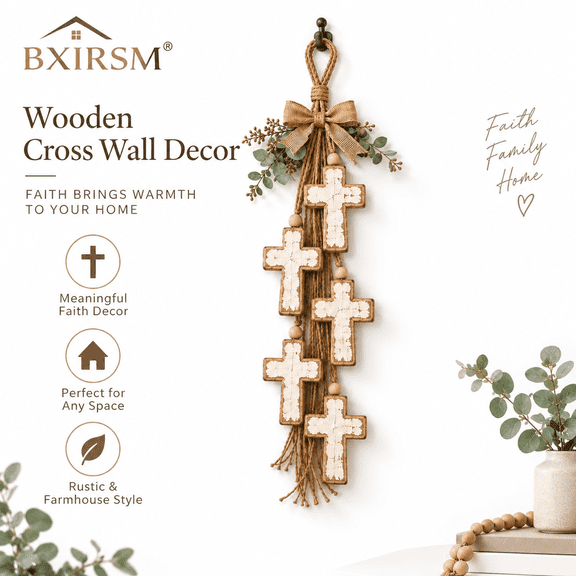 Rustic Faith Grace Cross Wall Decor, 5 Wooden Crosses, Inspirational Wall Hanging for Living Room Bedroom Church, Thoughtful Gift.