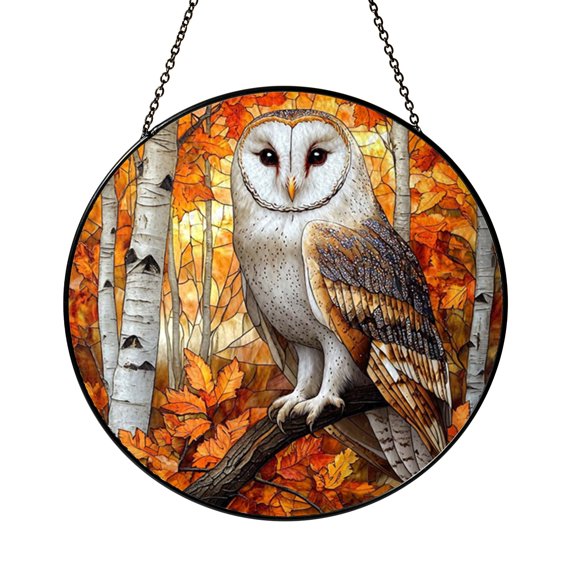 Rustic Fall Barn Owl Suncatcher Wall Ornament Festive Present Glass