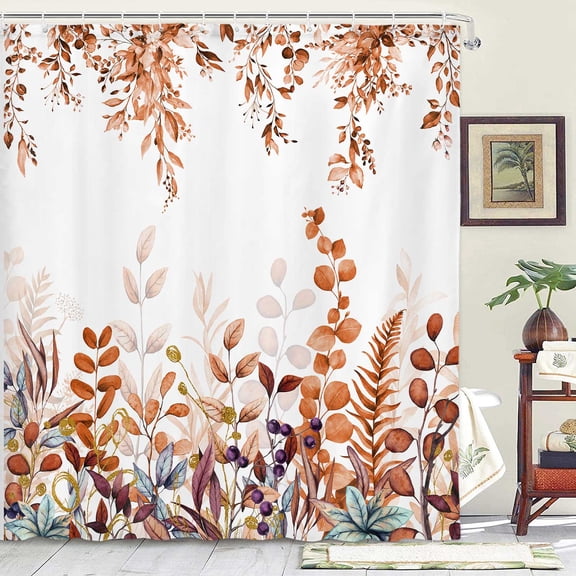 Rustic Fall Boho Eucalyptus Shower Curtain, Watercolor Autumn Leaves Botanical Farmhouse Shower Curtain Set, Orange Fall Thanksgiving Fabric Shower Curtain for Bathroom with 12PCS Hooks 70"X70" Yellow