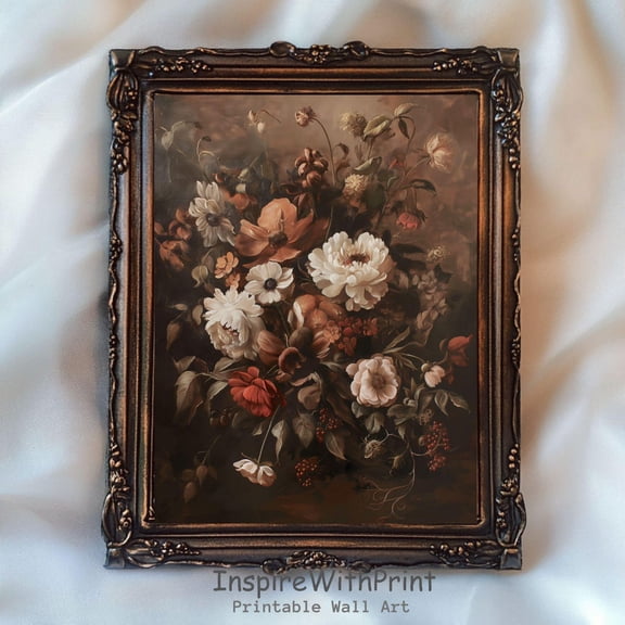 Rustic Fall Floral Wall Art Print, Autumn Dark Flower, Moody Botanical, Cottagecore, Thanksgiving, Seasonal Living Room And Home Decor
