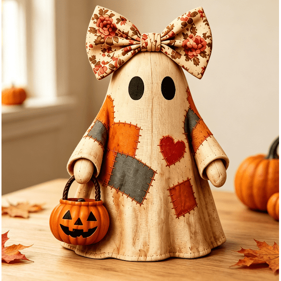 Rustic Fall Ghost Tabletop Decor Vintage Patchwork Ghost Figurine Floral Bow and Pumpkin Bucket Accent for Halloween Indoor Counter Shelf Home Ornament (B)