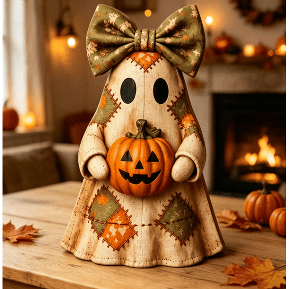 Rustic Fall Ghost Tabletop Figurine Vintage Patchwork Pattern Wooden Style Ghost Ornament Holding Pumpkin for Halloween Indoor Shelf Table Home Decoration (A)