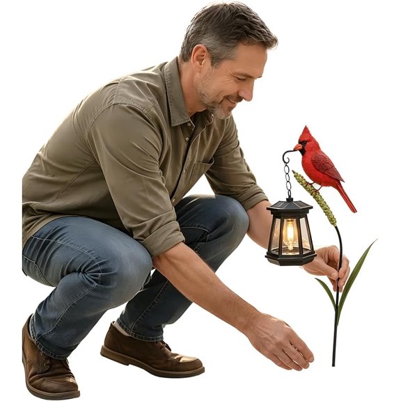 Rustic Fall Halloween Garden Solar Stake Light, Red Cardinal Bird With Suspended Retro Lantern, IP65 Waterproof LED Landscape Lamp For Lawn Walkway Backyard Harvest Decoration