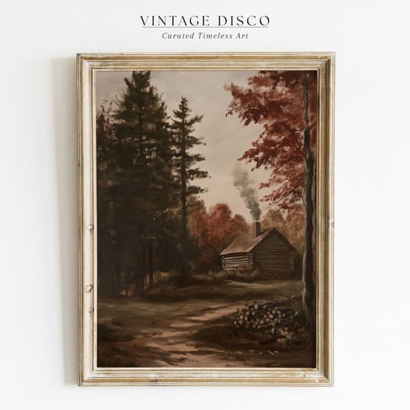Rustic Fall Landscape Print Vintage Autumn Farmhouse Decor Neutral Cottagecore Log Cabin