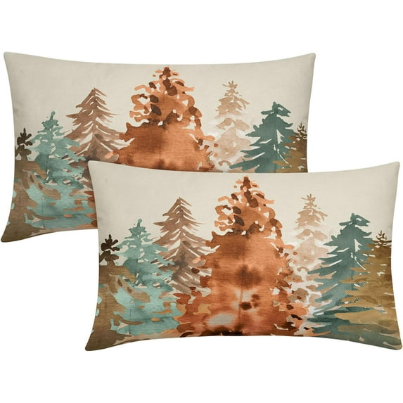 Rustic Fall Lumbar Pillow Covers 12x20 Set of 2 Watercolor Tree Autumn Nature Themed Brown Blue Orange Forest Print Decorative Throw Pillows Linen Cushion Case Decor for Sofa Couch Bed