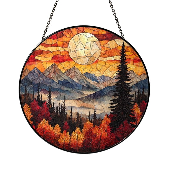 Rustic Fall Mountain Scene Stained Glass Hanging Window Decor Accent for Woodland Inspired Home Gift