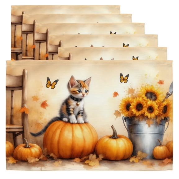 Rustic Fall Placemats A cat sitting on top of a pumpkin next to a bucket of sunflowers. Table Mats Set of 6 Washable Rectangle Placemats Kitchen Table Mats