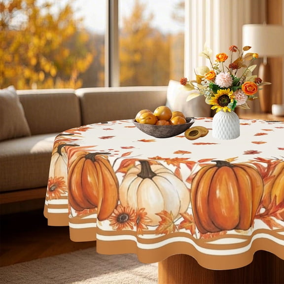 Rustic Fall Pumpkin Leaf Print Round Tablecloth, Backyard Cottage Dining Table Seasonal Decor, Thanksgiving Christmas Gift