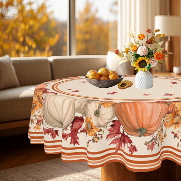 Rustic Fall Pumpkin Red Maple Striped Border Print Round Tablecloth, Indoor Bistro Thanksgiving Gathering Table Decor, Thanksgiving Christmas Gift