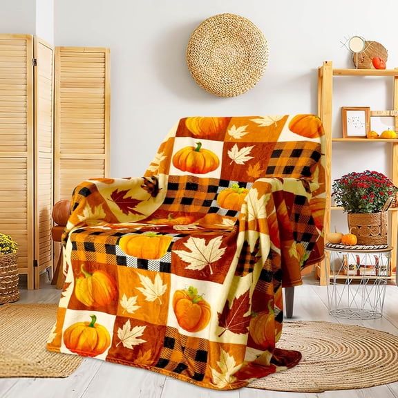 Rustic Fall Pumpkin and Maple Leaf Buffalo Plaid Patchwork Throw Blanket Soft Plush Fleece for Home Decor