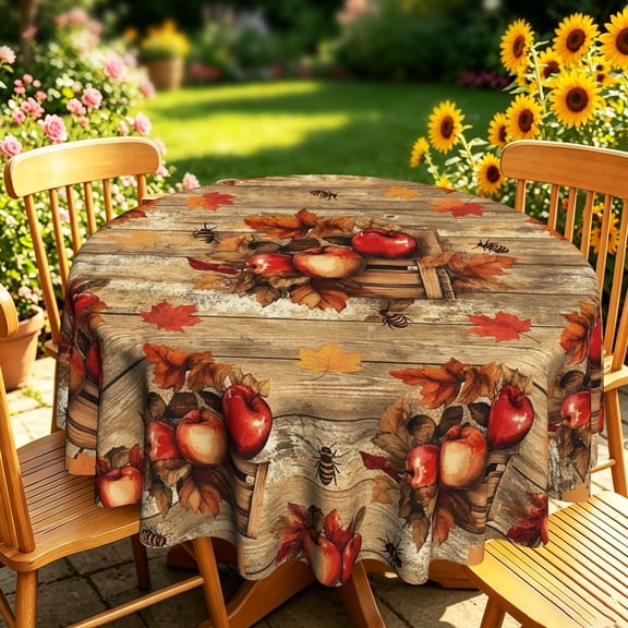 Rustic Fall Red‑Apple Maple‑Leaf Bee Round Tablecloth,35/50/60/70 inch,Polyester,Kitchen Dining Outdoor Garden Patio Decor