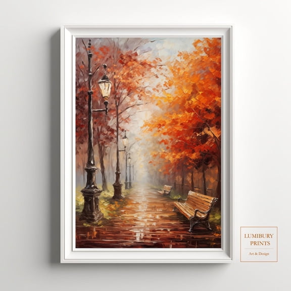 Rustic Fall Wall Decor, Park Scene Illustration, Foliage Wall Art, Autumn Landscape Art, Cozy Fall Wall Art, Home Decor #2101, Stretched Canvas Size 16x24