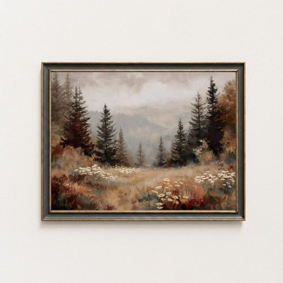 Rustic Fall Wildflower Field Landscape Print, Autumn Cottagecore Printable Moody Fall Trees Print, Farmhouse Fall Art Neutral Fall Art Decor, Size 12x18 UNFFRAMED