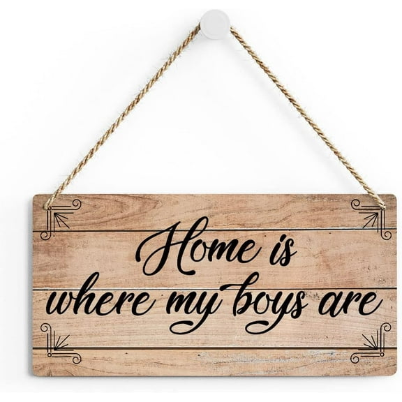 Rustic Family Quote Wood Decor Sign, Home is Where My Boys are Printed Wood Sign Wall Art, Hanging Door Sign, Decorative Wood Sign Home Decor 10x5 Inch