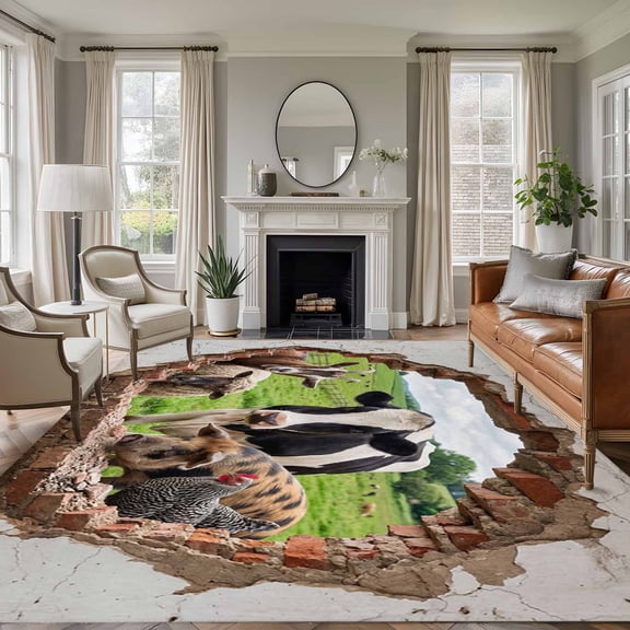 Rustic Farm Animal 5'x7' Rug for Living Room Sofa and Coffee Table Layout, Country Pastoral Farmhouse Cow Sheep Pig Green Grass Non Slip Rectangle Area Rug, Machine Washable Indoor Outdoor Mat