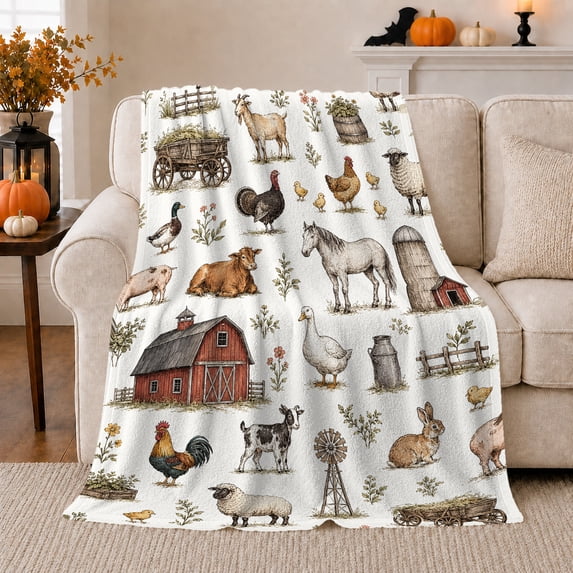 Rustic Farm Animal Barn Illustrations, Festive Holiday Scene, Warm Flannel Blanket for Ranch House and Living Room, Horse Lovers Christmas Gift, Rustic Home Decor