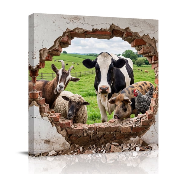 Rustic Farm Animal Canvas Wall Art for Living Room, Country Pastoral Farmhouse Cow Sheep Pig Green Grass Poster Print Painting for Bedroom Office Home Decoration Wall Pictures Prepare To Hang 8"x8"