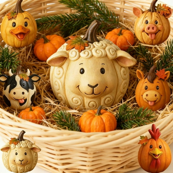 Rustic Farm Animal Figurines - Resin Pumpkin Cow Pig Sheep Statue, Tabletop Centerpiece, Porch Garden Yard Indoor Outdoor Decor C