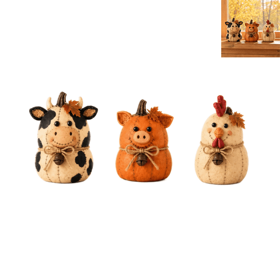 Rustic Farm Animal Pumpkin Figurines Set, Primitive Farmhouse Decor, Cow Pig Chicken Tabletop Statues, Fall Harvest Table Decor, Indoor Thanksgiving Decorations for Home Display
