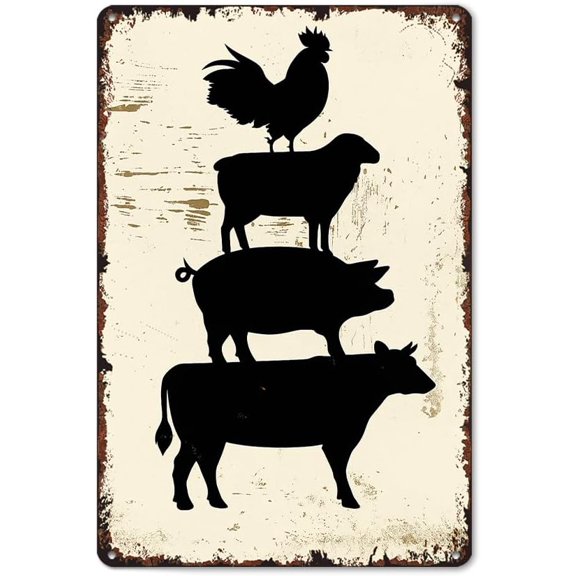 Rustic Farm Animal Wall Decor Funny Metal Tin Sign Stacked Chicken Pig Sheep Aluminum Retro Poster 8 x 12 Inch for Living Room Bathroom Kitchen Bedroom Patio