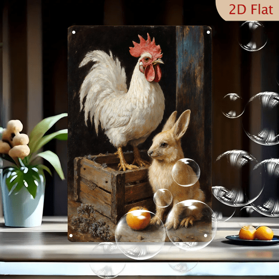 Rustic Farm Animals Wall Art, 8x12 Inches Metal Tin Sign featuring White Rooster and Brown Rabbit on Crate with Fruit, Classical Still Life Decor for Kitchen or Barn