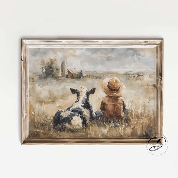 Rustic Farm Boy And Cow Wall Art, Country Barn Landscape Print, Western Nursery Decor, Vintage Style Farmhouse, Boy Nursery Home Decor #936, Unframed Poster Size 8x12