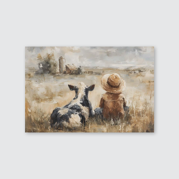Rustic Farm Boy and Cow Wall Art, Country Barn Landscape Print, Vintage Style Farmhouse Poster Full Size 24''x36'' The Future Box