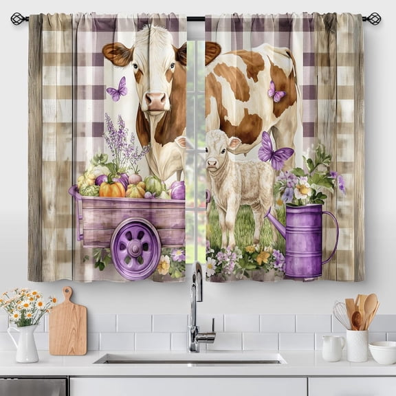 Rustic Farm Cow Kitchen Curtains Brown White Spotted Cow Purple Buffalo Plaid Floral Butterfly Window Drapes for Home Kitchen Bedroom Decor
