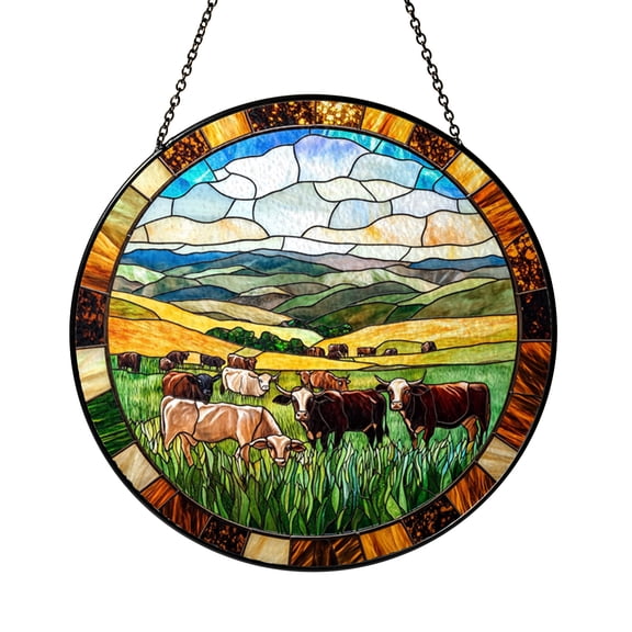 Rustic Farm Cow Stained Glass Suncatcher, Countryside Meadow Window Hanging Decor, Rural Landscape Art Panel, Grazing Cattle Decorative Glass Style, Gift for Farm and Nature Lovers