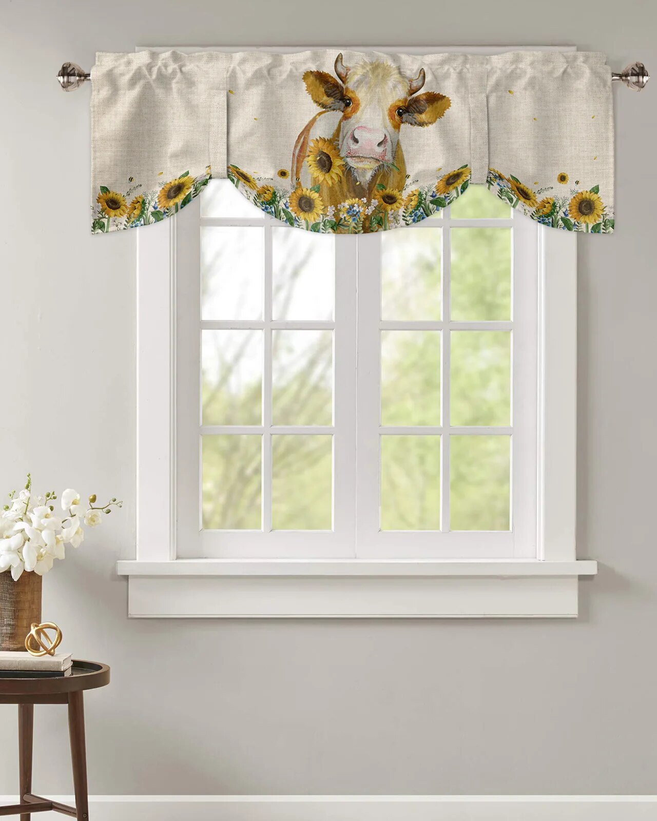 Rustic Farm Cows And Sunflowers Small Curtain Rod Pocket Short Curtains ...