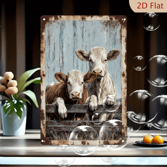 Rustic Farm Cows Art 8x12 Inch Metal Wall Decor, Vintage Weathered Frame with Two Cows Behind Wooden Fence, Barn Blue Gray Background, Country Home Wall Hanging Picture