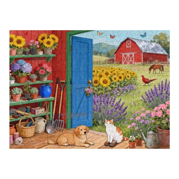 Rustic Farm Garden with Barn and Flower Field Wooden Jigsaw Puzzle 500 Pieces for Adults, Indoor Relaxing Brain Teaser, Leisure Hobby Puzzle, Tabletop Entertainment, Home Decor