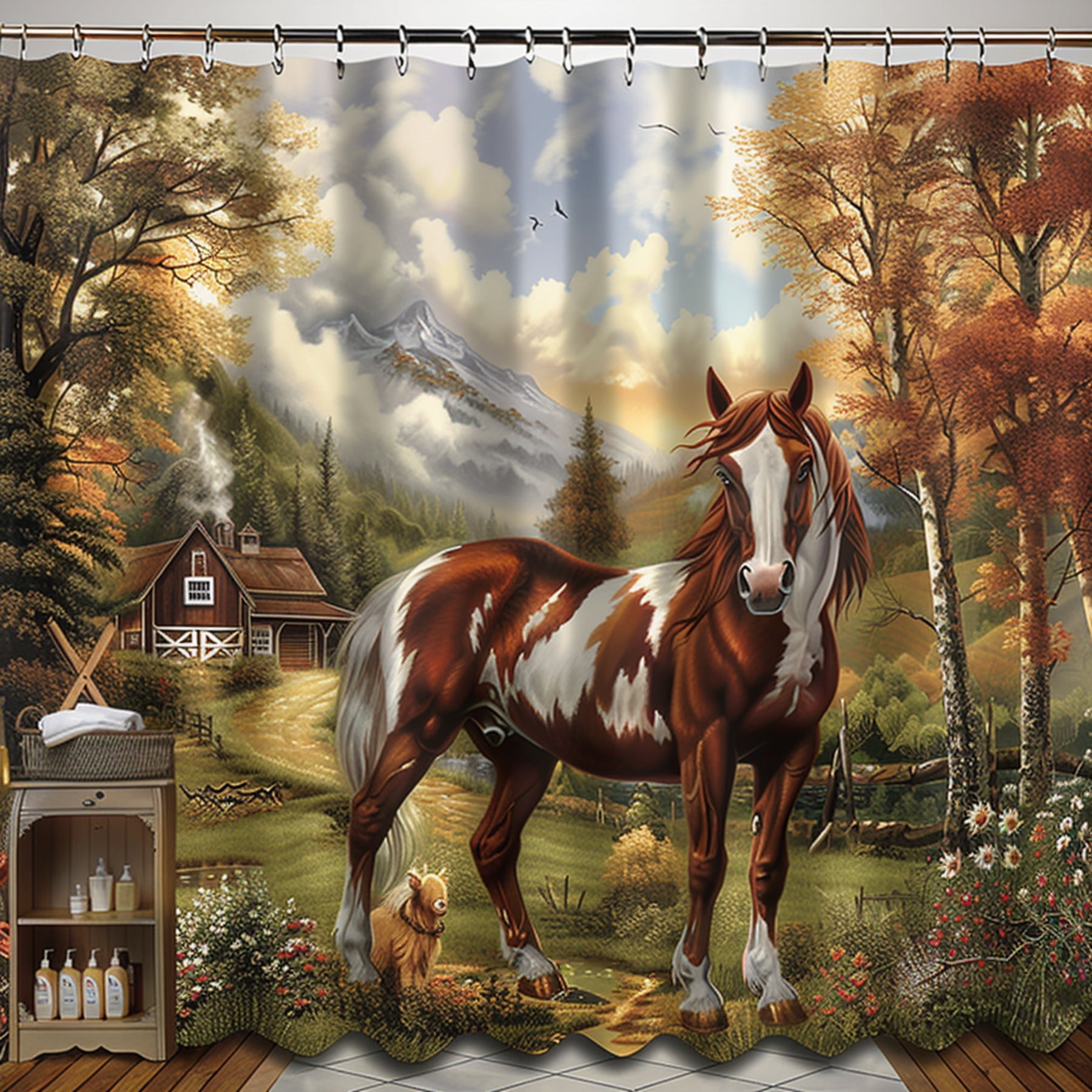 Rustic Farm Horse Shower Curtain Detailed Barn Print Realistic ...