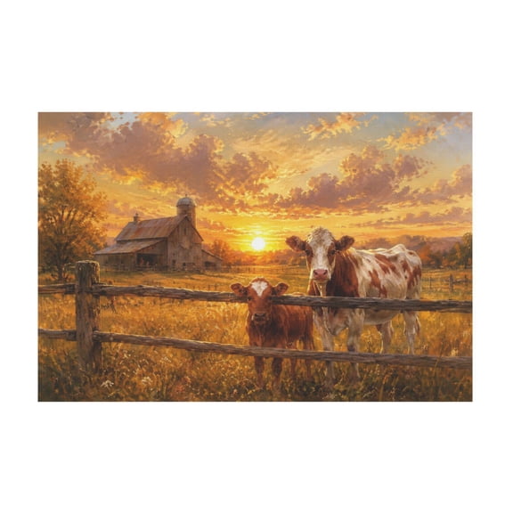 Rustic Farm Landscape Barn and Cows Sunset Scene Canvas Wall Art Vintage Country Farmhouse Decor 16x24in