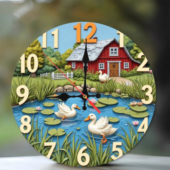 Rustic Farm Pond Ducks Wall Clock Home Decor 10-Inch Silent Wooden Wall Clock, Battery Operated (AA Batteries Not Included), Artistic Home Decor