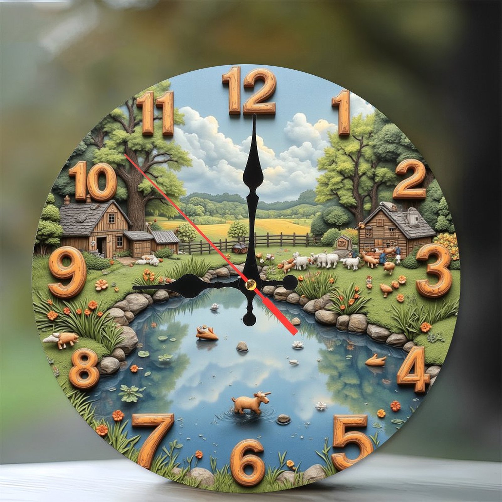 Rustic Farm Pond Landscape Wall Clock 10-Inch Silent Wooden Wall Clock ...