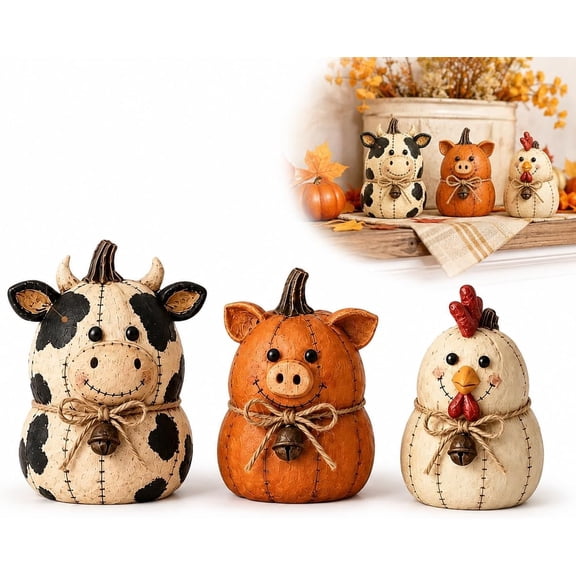 Rustic Farm Pumpkin Friends Decor Set, Cow Pig Chicken Fall Decor Set, Charming Fall Seasonal Ornament for Home Decoration for Mantel Shelf Tabletop Kitchen Counter Thanksgiving Autumn Display