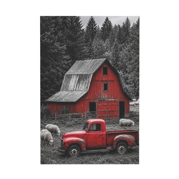 Rustic Farm Red Truck and Sheep Canvas Wall Art for Living Room Kitchen Bedroom Office 12*18in