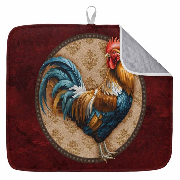 Rustic Farm Rooster on Retro Texture 1 Pack Dish Drying Mat,Absorbent Drying Pad Red Marble Agate Microfiber Kitchen Countertop Protector Mats Dish Drainer Rack Mat for Dishes Cups Glassware,18x24in