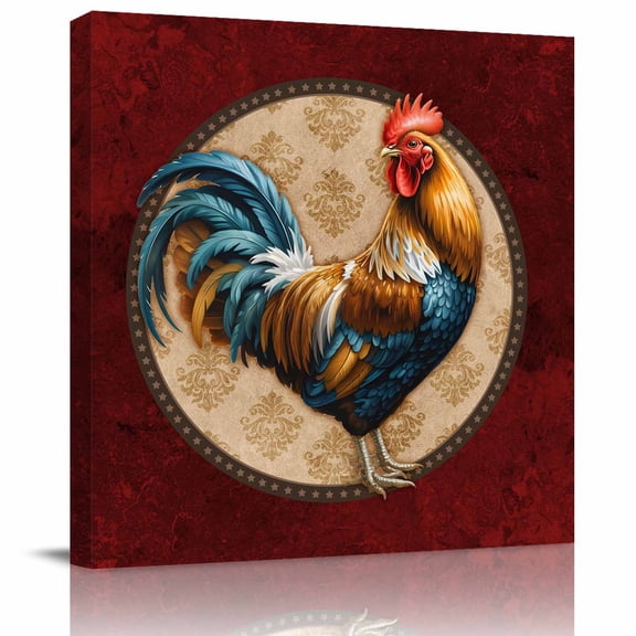Rustic Farm Rooster on Retro Texture Canvas Artwork Painting Art, Red Marble Agate Square Framed Wall Decorations Prints Picture for Bedroom Kitchen Living Room, 8x8 in