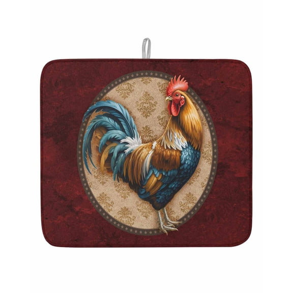 Rustic Farm Rooster on Retro Texture Dish Drying Mats for Kitchen Counter,Absorbent Microfiber Dish Drainer Rack Mat Red Marble Agate Drying Pad for Sinks,Utensils,Countertops,16x18in